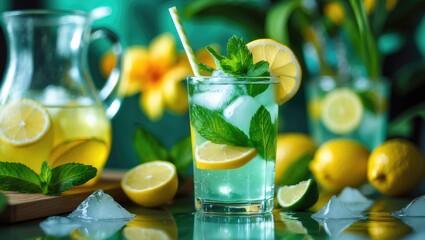 Fototapeta premium Cool lemonade presented in a glass with a straw, alongside lemon and lime wedges, mint, ice, and a flower backdrop