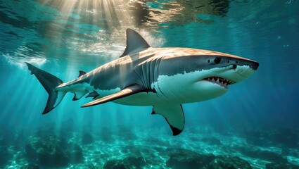 Obraz premium Powerful great white shark moving in the deep blue waters with rays of sunshine