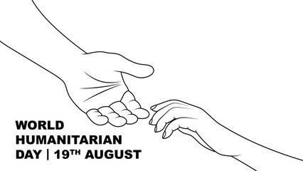 World Humanitarian Day vector art. Minimalist line drawing of helping hands. Copy space. Humanitarian values, unity, and global support on Humanitarian Day.
