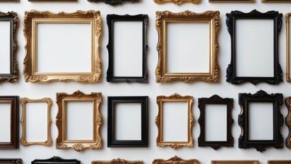 Collection of different blank horizontal picture frames cut out on a white background