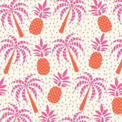 Hand drawn tropical palm tree and pineapple seamless pattern. Summer tropical print. Vector hand drawn illustration for fabric, wrapping paper, prints, artworks.