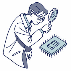 Scientist examining microchip with magnifying glass