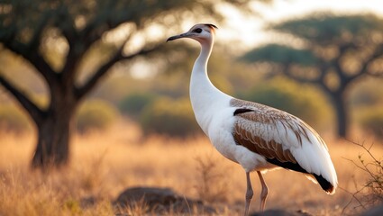Fototapeta premium Kori Bustard observed on a safari through the wildlife region.