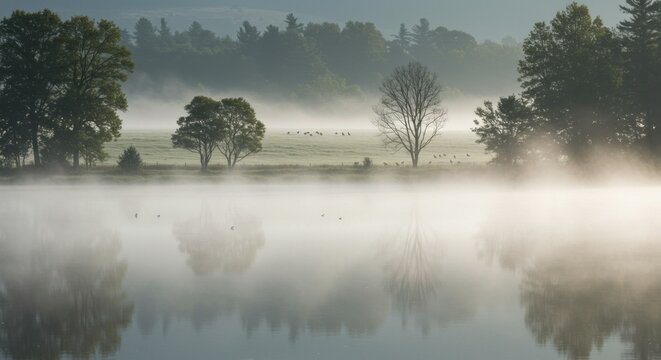 Misty lake morning serene nature reflection landscape