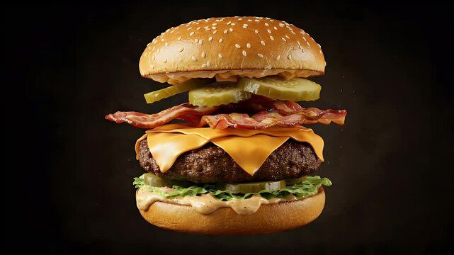 Exploding Burger Display with Fresh Ingredients Food Presentation