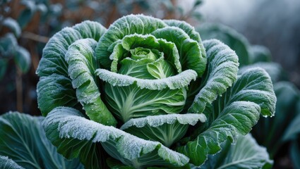 Obraz premium Detailed view of a cabbage plant frosted over, showcasing the fragile ice crystals adorning its leaves