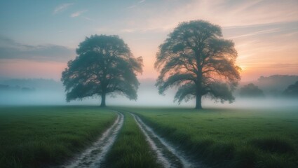 Obraz premium Panoramic view of spring landscape. Fluffy clouds in the sky above a green field.