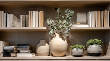 Fototapeta premium Neutral ceramic vases and lush houseplants on wooden shelves. Soft daylight in a modern home library. Calm balance and mindful productivity. Ideal for wellness branding and interior design