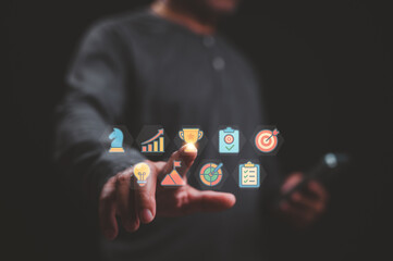 Hand Reaching Modern Tech Strategy To Target Mountain Flag Achievement