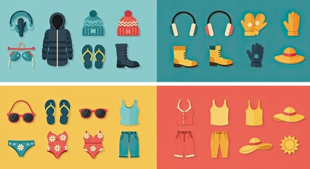 Fototapeta premium Colorful illustrations of clothing items representing different seasons and weather conditions