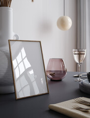 Plakat Frame mockup in home interior, cozy modern kitchen interior background, 3d render