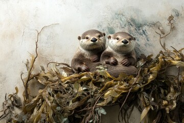 Two adorable otters sit nestled among seaweed and dried branches against a textured neutral background, creating a whimsical portrait.