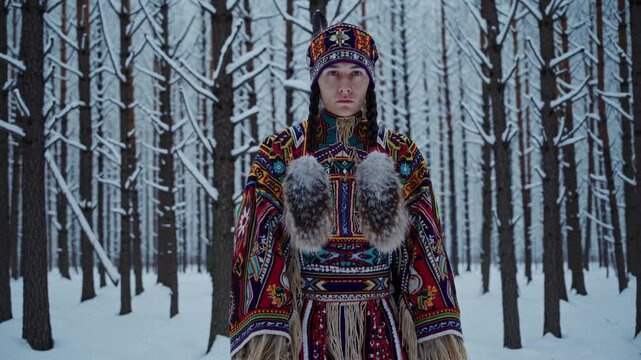 Personne en habit traditionnel dans une for&ecirc;t enneig&eacute;e, regard fixe et solennel

