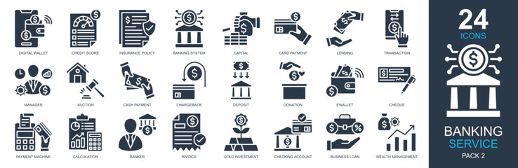 Banking Service Icons set vector illustration. Containing digital wallet, credit score, banking system, transaction, wealth management and more. Simple glyph icons collection.
