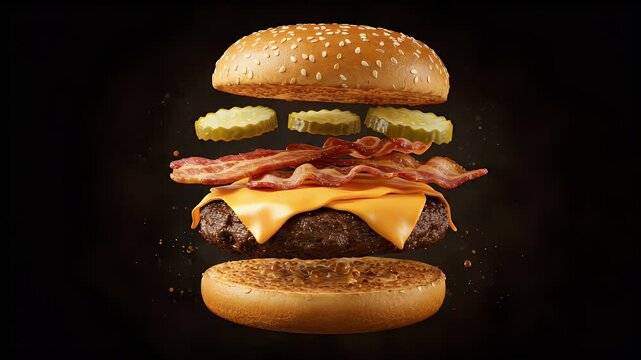 Exploding Burger with Bacon and Pickles on Black Background