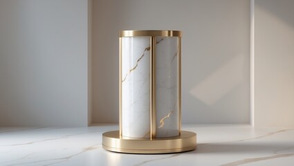 Cylindrical White Marble and Gold Product Pedestal