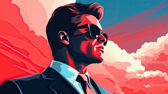 Confident Business Man Portrait in Stylish Suit and Sunglasses Against Dramatic Sky - A Vibrant and Inspirational Representation of Leadership, Success, and Innovation