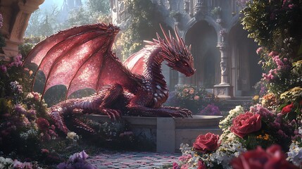 Towering castle beneath soaring phoenix and red dragon high resolution picture