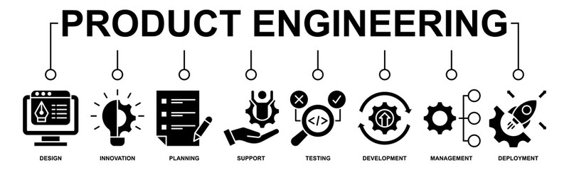 Product engineering banner web icon vector illustration concept with icon of design, innovation, planning, support, testing, development, management, deployment