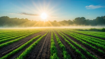 Morning scenery featuring a green field with tractor tracks illuminated by sunlight
