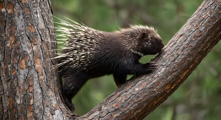North american porcupine climbing on tree branch wildlife animal rodent forest nature photography image on transparent background