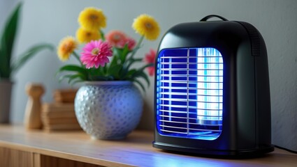 In a room of the house, there is an insect killer lamp emitting a bright blue light and a flower pot for decoration