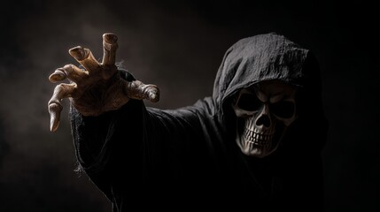 Grim reaper reaching towards the camera over dark background with copy space