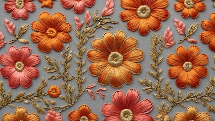 Vibrant embroidery featuring colorful flowers and intricate leaf designs on a textured background