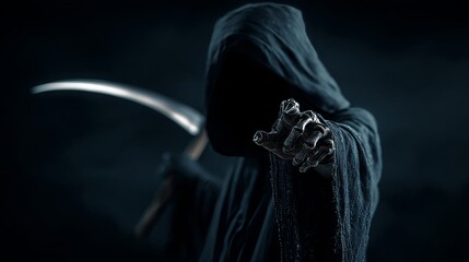 Grim reaper reaching towards the camera over dark background with copy space