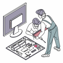 Two technicians repairing computer motherboard desktop