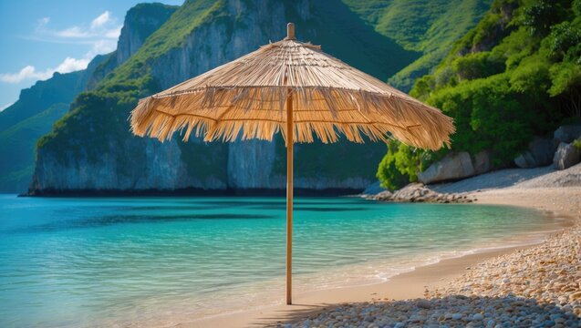 A sunny beach with a straw umbrella at the southern bay area along the coast, part of the Mediterranean riviera, bordered by mountains and sea.