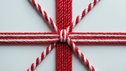 Set of red twine ropes isolated on white background. String for packaging, decorative packaging. Ribbon with a bow.