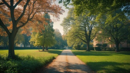 This peaceful photograph depicts a charming park walkway, tempting onlookers to start a relaxing adventure in nature