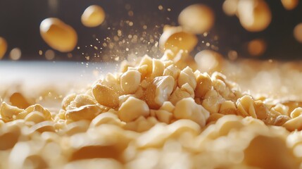 Close-up of scattered nuts with a blurred background and dynamic movement.