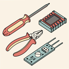 Professional isometric tools kit cutout transparent background