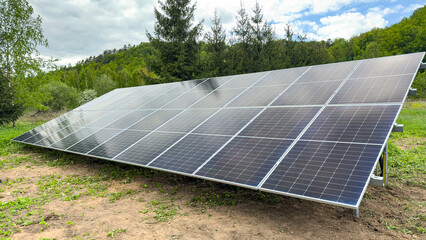 Solar panels on the land structure on a bright summer day