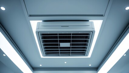 Obraz premium Ceiling-type air conditioning unit with ventilation system in a white building interior.
