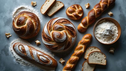 Fototapeta premium Freshly baked homemade bread with flour and ears on a gray backdrop. Aerial view.