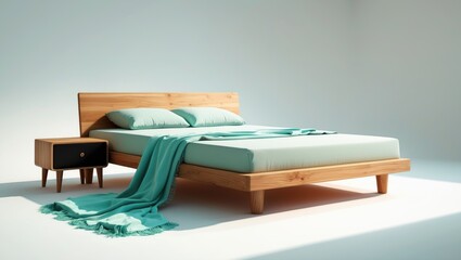 Double wooden bed set against a plain background.