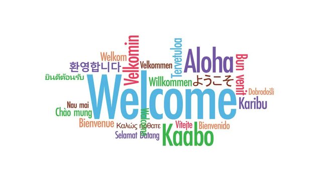 Welcome in 40+ Languages | Multilingual Greeting Word Cloud Animation on white background