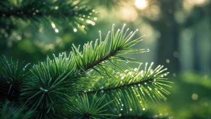 Lush greenery and vibrant foliage with dew on pine needles at dawn