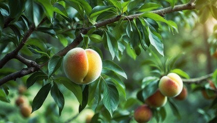 Green fruit forming on a branch of a tree