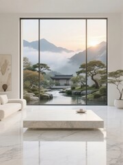 Fototapeta premium Modern Living Room with a View of a Traditional Pavilion and Mountains
