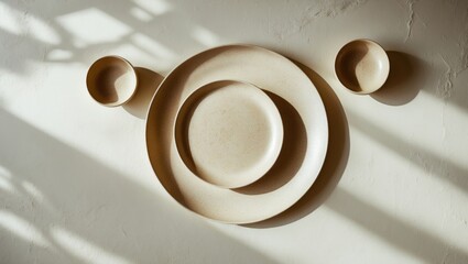 Three plates of varying sizes in the background. Overhead view, flat lay. Plates in natural colors. Textured grain pattern on the plates.