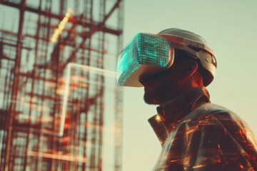 A man wearing futuristic VR headset stands against a backdrop of a high-rise building, in a retro sci-fi art style.