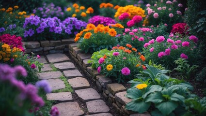 Beautiful flowerbeds filled with a variety of bright flowers in the garden