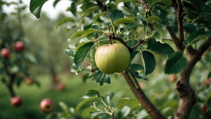 Close-up view of a sick apple tree featuring an immature fruit.
