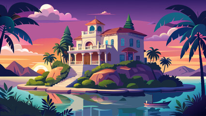 Obraz premium Island mansion surrounded by water and palm trees at twilight.