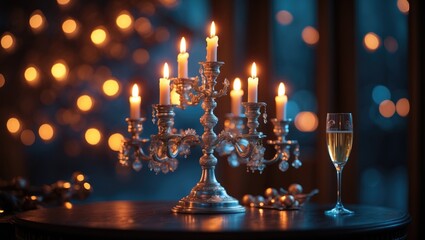 Refined silver candelabra featuring flickering candles brightens a classy night setting