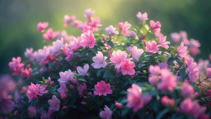Fototapeta premium Bright pink blooms and aromatic flowers adorn a bush with dark green foliage in spring, capturing the gentle beauty of nature and creating a romantic ambiance.